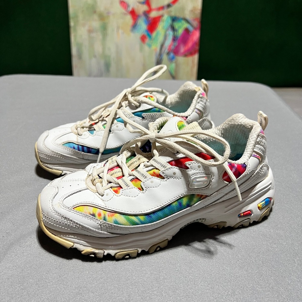 Skechers DLites Bright Sky White Tie Dye Iridescent Sneakers 149015 Womens 8